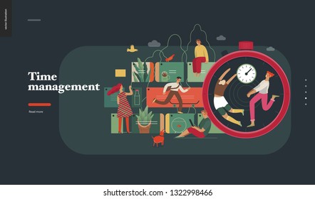 Technology 2 -Time management - modern flat vector concept digital illustration of time management metaphor, a stopwatch, timeline and people in workflow. Creative landing web page design template