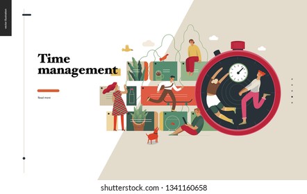 Technology 2 -Time management - modern flat vector concept digital illustration of time management metaphor, a stopwatch, timeline and people in workflow. Creative landing web page design template