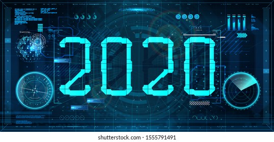 Technology 2020 New Year concept in futuristic style HUD. Digital banner. Design future 2020 tech background. Hi-tech concept. Vector illustration HUD Happy New Year
