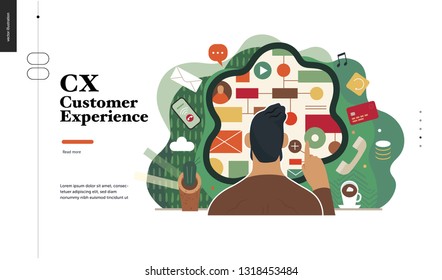 Technology 2-CX customer experience - modern flat vector concept digital illustration of user or customer experience, a user in front of interface. Creative landing web page design template