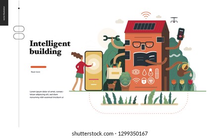 Technology 2-Intelligent building, modern flat vector concept digital illustration Smart house and management metaphor -woman and building resolving problems. Creative landing web page design template