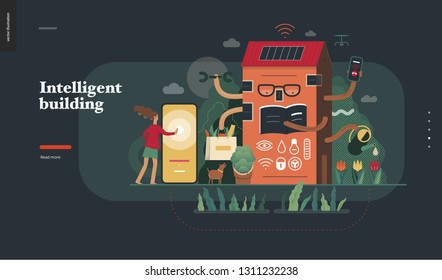 Technology 2-Intelligent building, modern flat vector concept digital illustration Smart house and management metaphor -woman and building resolving problems. Creative landing web page design template