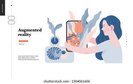 Technology 3 -Augmented reality, modern flat vector concept digital illustration -augmented reality metaphor -woman with tablet. Creative landing web page design template
