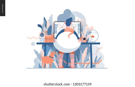 Technology 3 -Home Office - modern flat vector concept digital illustration home office metaphor, a freelancer guy working at home with pets and plants. Creative landing web page design template