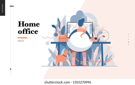 Technology 3 -Home Office - Modern Flat Vector Concept Digital Illustration Home Office Metaphor, A Freelancer Guy Working At Home With Pets And Plants. Creative Landing Web Page Design Template