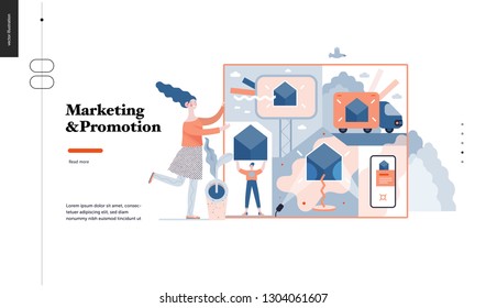 Technology 3 -Marketing and Promotion modern flat vector concept digital illustration marketing metaphor, company brand promotion. Business workflow management Creative landing web page design