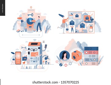 Technology 3 Set - Modern Flat Vector Concept Digital Illustration- Marketing Promotion, Solution, Intelligent Building, CRM Customer Relationship Management. Creative Landing Web Page Design Template