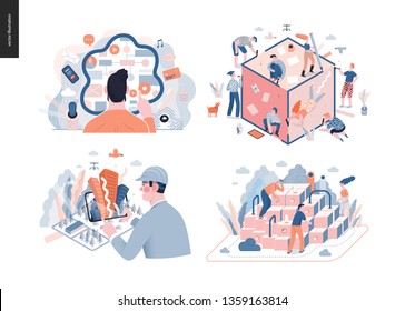 Technology 3 set - modern flat vector concept digital illustration- Synergy, CX Customer experience, Augmented reality, Artificial intelligence. Creative landing web page design template
