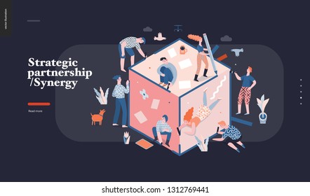 Technology 3 -Strategic Partership - Synergy flat vector concept digital illustration partnership and synergy metaphor. Business workflow and team management Creative landing web page design template