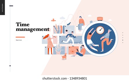 Technology 3 -Time management - modern flat vector concept digital illustration of time management metaphor, a stopwatch, timeline and people in workflow. Creative landing web page design template