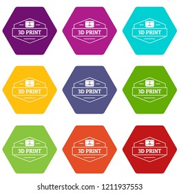 Technology 3d printing icons 9 set coloful isolated on white for web