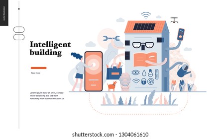Technology 3-Intelligent building, modern flat vector concept digital illustration Smart house and management metaphor -woman and building resolving problems. Creative landing web page design template