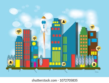 Technologie 4.0 mit der Stadt hat ein schönes und schönes ökologisches System. Vektorillustration-Hintergrund