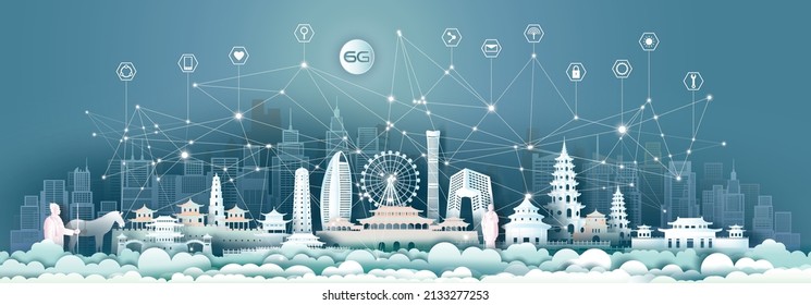 Technology 6G wireless network communication smart city with icon and architecture in China, Beijing, Xian, Taiwan; Taipei downtown skyscraper background, Vector illustration futuristic green city.