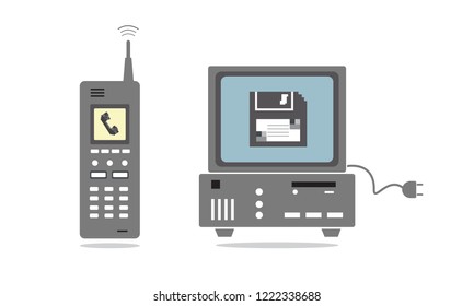 Technology in the 80s.Phone and computer