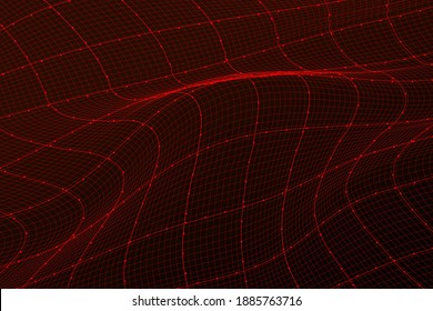 Technology abstract 3d futuristic background with bends and wave.Grid. Red colors. Cyber technology. Stock vector illustration on black isolated background.
