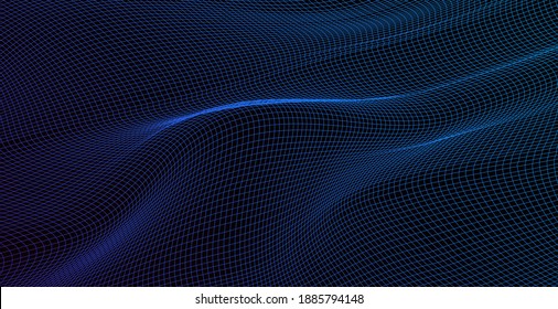 Technology abstract 3d futuristic background with bends and wave. Blue colors. Cyber technology. Stock vector illustration on black isolated background.grid