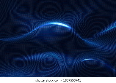 Technology abstract 3d futuristic background with bends and wave. Blue colors. Grid with lights.Cyber technology. Stock vector illustration on black isolated background.
