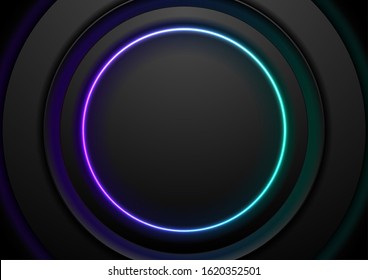 Tecnología de fondo abstracto con círculos negros y anillo brillante azul de neón violeta. Diseño geométrico vectorial