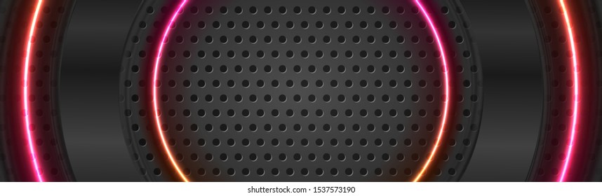 Technology abstract background. Black glossy and shiny neon circles. Dark perforated metallic banner design. Vector illustration
