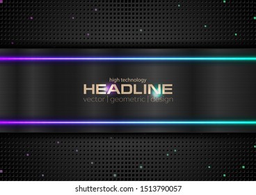 Technology abstract background. Black metal texture and blue purple neon light. Dark perforated backdrop with halftone squares. Vector illustration