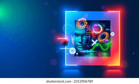 Technology abstract background. computer digital futuristic neon square frame with AI face, 3d geometric shapes in cyberspace. Artificial intelligence head. Abstract digital computer tech banner.