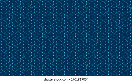 Technology abstract background with connected light blue line and dots. Scientific and technological concept of a printed circuit board. Vector illustration on dark blue background