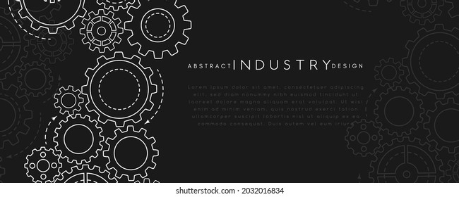 Technology abstract background from gearwheels composition. Horizontal dark banner for teamwork, industrial, communication or automation conceptual design.