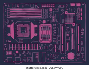 technology abstract background, hand drawn motherboard, doodles vector illustration.