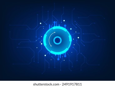Technology abstract background. Hi-tech circles connected with technology circuits. It represents the technology of sending data to the system for processing according to commands. Vector illustration