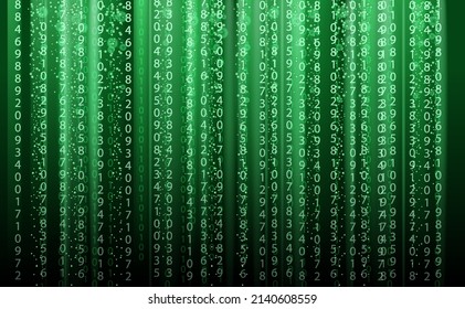 Technology abstract background, matrix style, green color, falling numbers. Digital binary data flow dust on screen. Programming concept, secure data, hacking, piracy, technology, internet. Vector