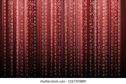 Technology abstract background, matrix style, red color, falling numbers. Digital binary data flow dust on screen. Programming concept, secure data, hacking, piracy, technology, internet. Vector