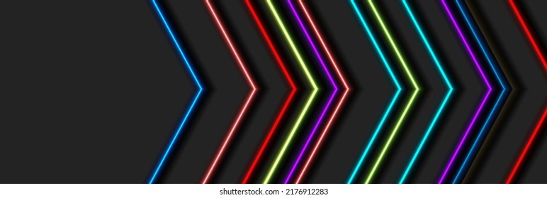 Technologie abstrakter Hintergrund mit mehrfarbigen Neonpfeilen. Geometrisches, futuristisches Vektorbanner-Design