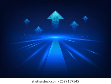 Technology abstract background. Path with arrows in front. Shows the innovation of technology that is constantly developing and the economy is growing rapidly. Vector illustration.
