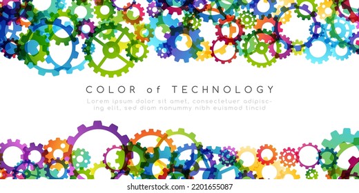 Technology abstract background from rainbow gearwheels composition. Horizontal top border for teamwork, industrial, communication or automation conceptual design.