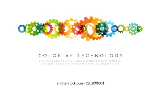Technology abstract background from rainbow gearwheels composition. Horizontal border for teamwork, industrial, communication or automation conceptual design.