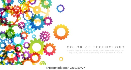 Technology abstract background from rainbow gearwheels composition. Vertical border for teamwork, industrial, communication or automation conceptual design.