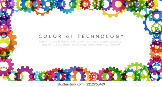 Technology abstract background from rainbow gearwheels composition. Horizontal frame for teamwork, industrial, communication or automation conceptual design.