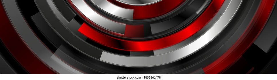 Tecnología de fondo abstracto con formas redondeadas metálicas rojas y de acero. Diseño de bandas vectoriales geométricas