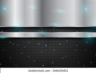 Fondo tecnológico abstracto. Textura de metal plateado y luz brillante azul. Fondo perforado negro con cuadrados de medio tono. Ilustración del vector