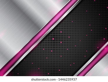 Technology abstract background. Silver metal texture and glowing pink stripes. Black perforated backdrop with halftone squares. Vector illustration