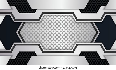 Technology abstract background. Silver metal texture and Black perforated backdrop.
