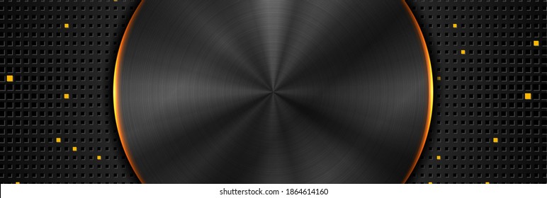 Technology abstract background with stylish button. Black metal texture and orange neon light. Dark perforated banner with halftone squares. Vector illustration