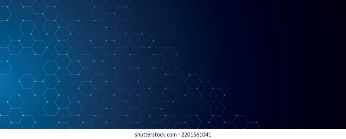 Technology abstract background vector. Pattern with lines, dots, neon light and hexagonal pattern. Design of poster with honeycombs, cells, data stores. Information grid. Digital communication. 