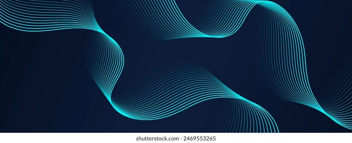 Technology abstract background with wavy light lines gradient flowing dynamic waves in blue green colors. Vector design template for web banner, brochure cover, AI technology, 5G, science, music flyer