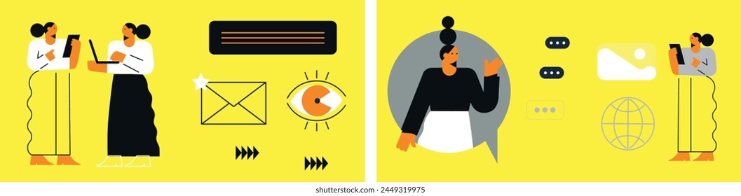 Technology abstract background. Work online, freelancing, education. Cartoon style. Vector illustration
