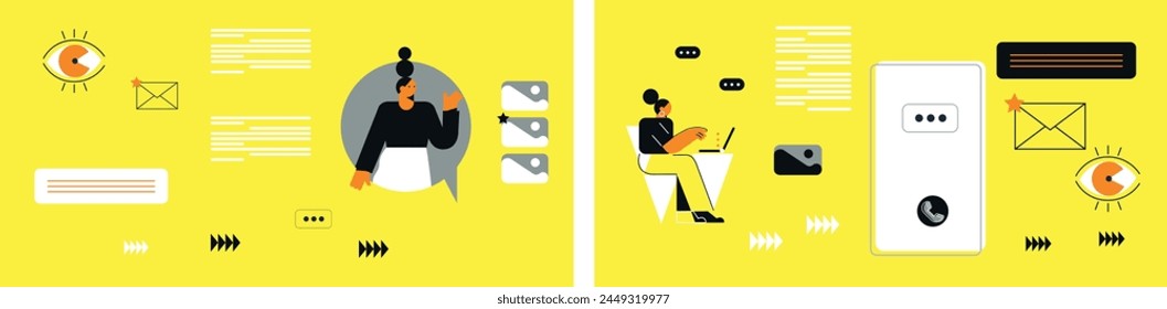 Technology abstract background. Work online, freelancing, education. Cartoon style. Vector illustration