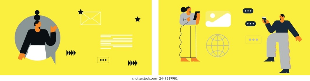 Technology abstract background. Work online, freelancing, education. Cartoon style. Vector illustration