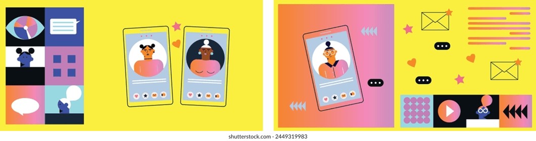 Technology abstract background. Work online, freelancing, education. Cartoon style. Vector illustration