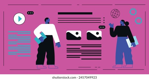 Technology abstract background. Work online, freelancing, education. Cartoon style. Vector illustration